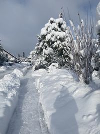 Snow covered land against sky