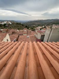 High angle view of buildings against sky