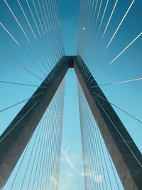 Low angle view of suspension bridge against cloudy sky