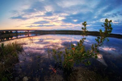 Scenic view of lake against sky during sunset