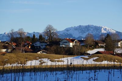 Scenic view of snow covered houses and trees against sky