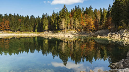 Upper lake of fusine, tarvisio. autumnal fire reflections. at the foot of the mangart