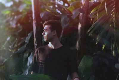 Young man looking away while standing amidst trees