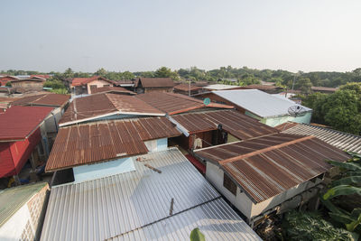 High angle view of houses against sky