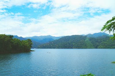 Scenic view of calm lake against cloudy sky