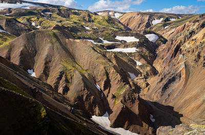 Laugavegur hiking trail in iceland, scenic view of fjallbak nature reserve in summer