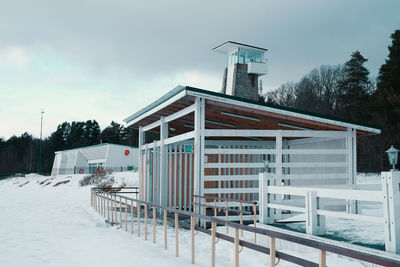 Snow covered houses by building against sky
