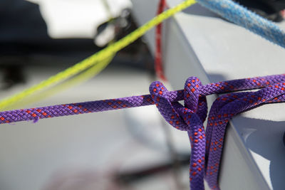 Close-up of ropes tied with boat