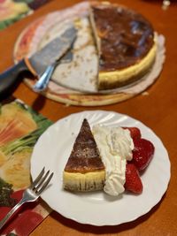 Close-up of cake served on table