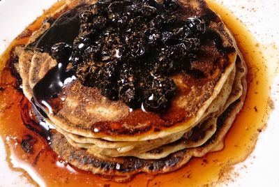 High angle view of pancakes in plate