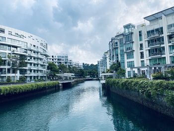 River amidst buildings in city against sky