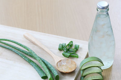 Close-up of aloe vera on wooden table