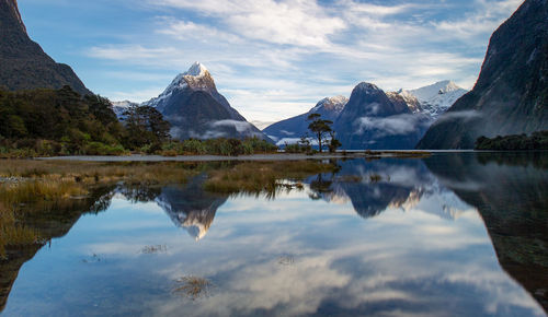 Scenic view of lake by mountains against blue sky