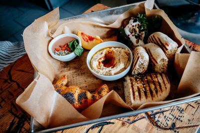 High angle view of food served on table