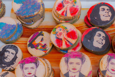 High angle view of multi colored objects for sale