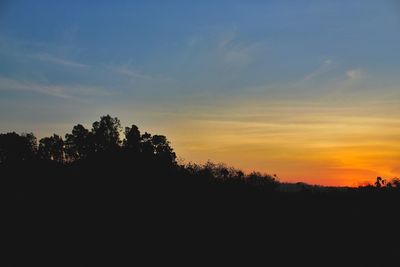 Silhouette trees on landscape against sky at sunset