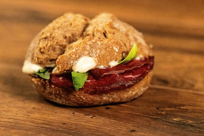 Close-up of burger on table