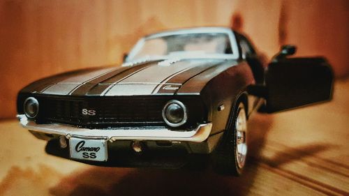 Close-up of vintage car on table