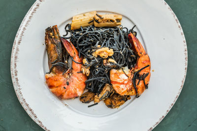 High angle view of food in plate on table