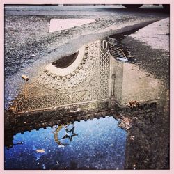 Reflection of building in puddle