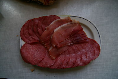 High angle view of meat on plate
