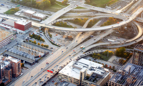 High angle view of traffic on multiple lane highway in city