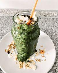 High angle view of drink on table