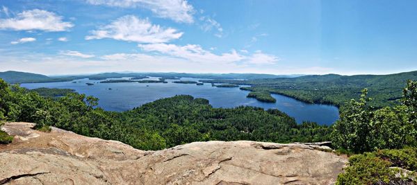 Scenic view of lake and mountains against sky