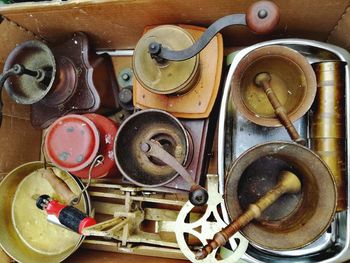 High angle view of old machinery on table