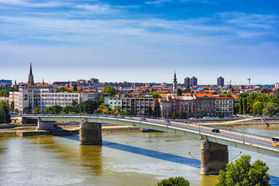 Bridge over river by buildings against sky in city