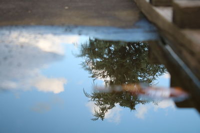 Close-up of hand on water against sky