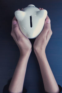 Cropped hands of woman holding piggy bank on table