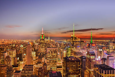 High angle view of illuminated cityscape