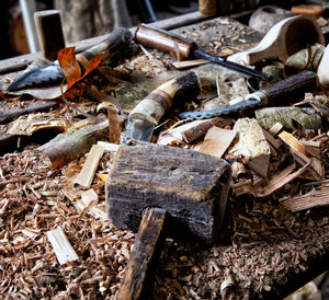 High angle view of wood on field