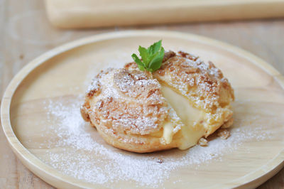 Close-up of dessert served on table