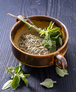 High angle view of food in bowl on table