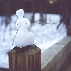 Close-up of wooden post on snow