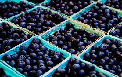 Full frame shot of blueberries in containers at market for sale