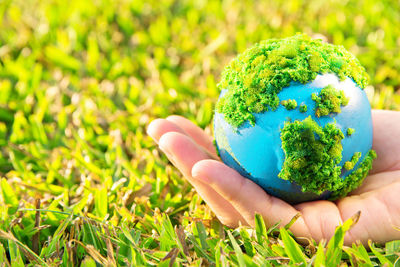 Close-up of person holding globe on grass