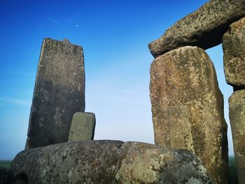 Low angle view of old ruins against clear blue sky