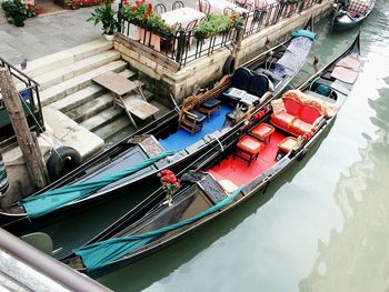 High angle view of boats moored in water