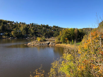 Scenic view of lake against clear sky