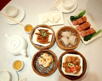 High angle view of food served on table