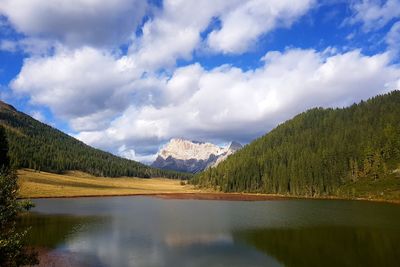 Scenic view of lake and mountains against sky