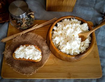 High angle view of breakfast on table