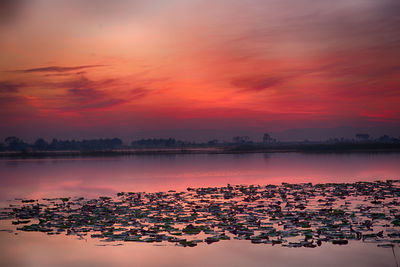 Scenic view of lake against sky during sunset