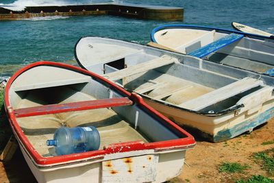 High angle view of boat moored in water