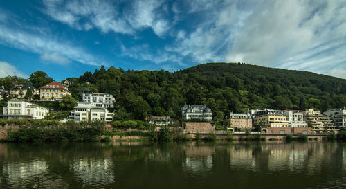 Buildings by lake against sky