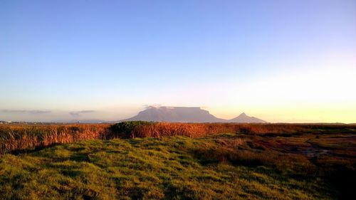 View of countryside landscape against clear blue sky