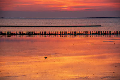 Scenic view of sea against orange sky